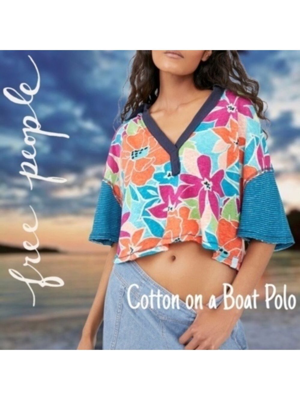 FREE PEOPLE Cotton on a Boat Colorblock V-Neck Boxy Cropped Cotton Polo Top NWT